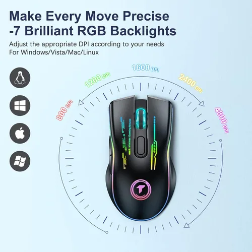 Vista 2 de TECURS Mouse para juegos, mouse inalámbrico para juegos con 9 botones, 5 niveles de DPI ajustables, recargable ergonómico Plug & Play RGB óptico