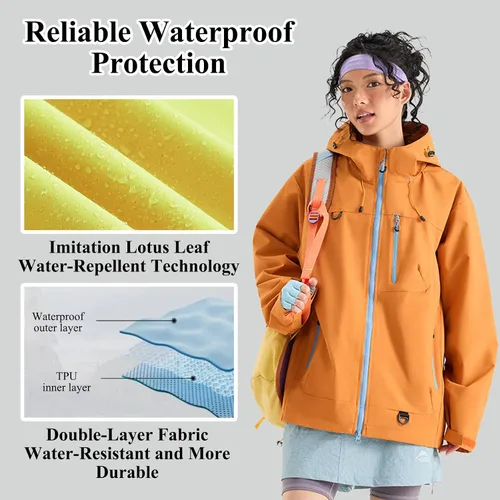 Vista 4 de Abrigos de otoño e invierno 3 en 1 con capucha, chaqueta de esquí de nieve 2026, impermeable, resistente al viento, forro polar, para mujeres y Negro