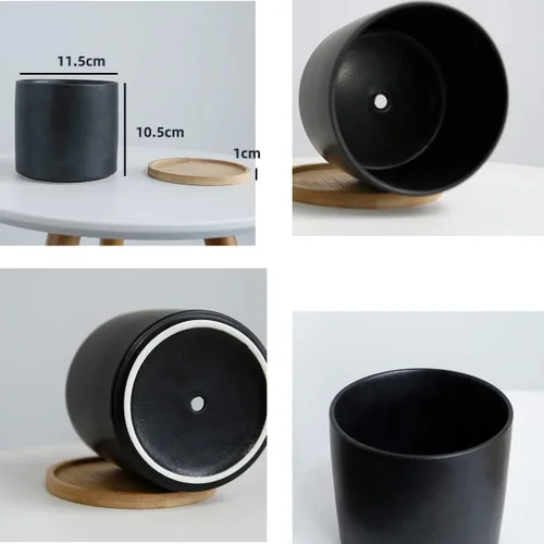 Vista 2 de Juego de 2 macetas para interiores y exteriores, maceta de cerámica de porcelana de 4.5 pulgadas con orificio de drenaje y bandeja de bambú (negro)