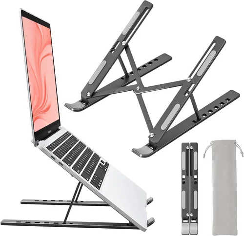 Vista 12 de Soporte para computadora portátil para escritorio, altura y ángulo ajustables, elevador portátil de aluminio para laptop y soporte para monitor