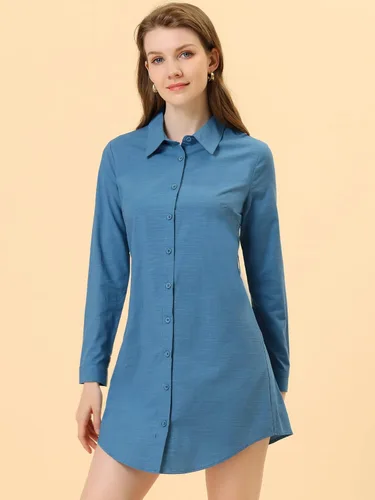 Vista 4 de Allegra K Vestido camisero con cuello con botones y mangas enrollables con cinturón para mujer