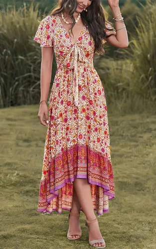 Vista 8 de PRETTYGARDEN Vestidos de verano florales bohemios con cuello en V profundo para mujer, manga corta, recortado, casual, fiesta, playa, maxi vestido