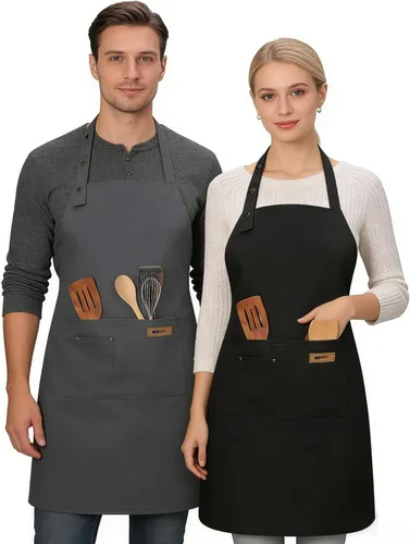 Vista 2 de Paquete de 2 delantales de cocina ajustables para mujeres y hombres con bolsillos, delantal de trabajo, parrilla, restaurante