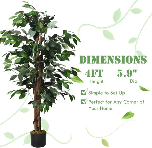 Vista 8 de Goplus Árbol de seda artificial de ficus de 4 pies, árbol falso en maceta con hojas verdes y tronco natural, sin mantenimiento, planta sintética