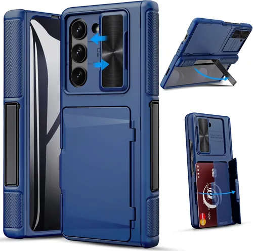 Vista 13 de GBEE - Funda para Samsung Galaxy Z Fold 5 con soporte y protector de pantalla, color negro Card Holder & Sliding Camera Cover & Hinge Protection &
