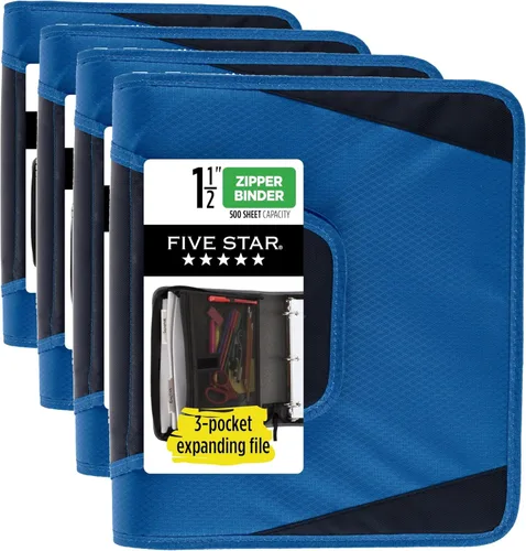 Vista 10 de Five Star - Carpeta con cierre de cremallera de 1-1/2 pulgadas, con 3 argollas, archivador expandible de 3 bolsillos, duradera, color azul (72202)