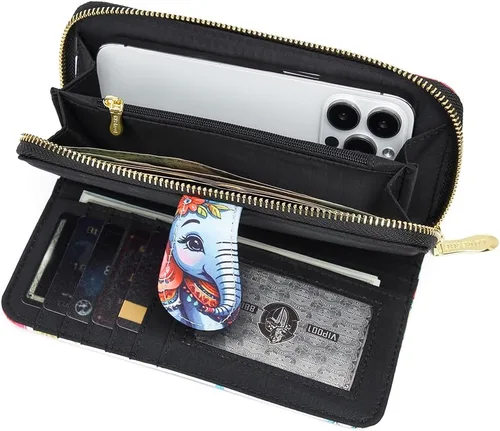 Vista 10 de Cartera de mano para mujer, estilo bohemio, con RFID, elegante, espaciosa con correa para viajes, capacidad para tarjetas, teléfono, dinero