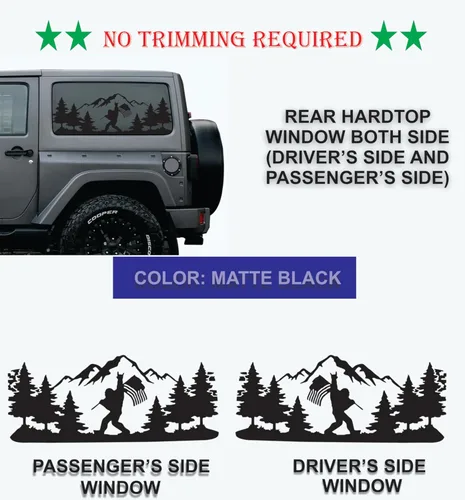 Vista 2 de Compatible con Jeep Wrangler JL (2 puertas) 2018-2023 Vinilos para ventanas precortados con bandera americana y escenas de montaña y bosque al aire