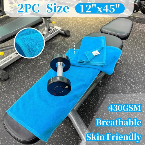 Vista 3 de Juego de 2 toallas deportivas de algodón para gimnasio, 12 x 45 pulgadas, absorbentes, transpirables, de 430 GSM, suaves, toalla deportiva para Azul