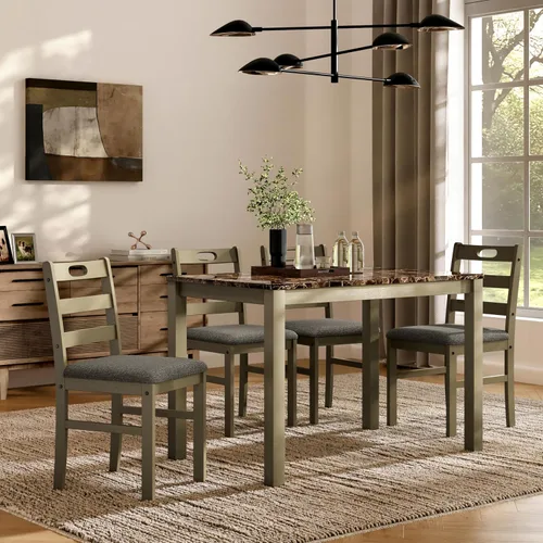 Vista 10 de MFSTUDIO Juego de 4 sillas de mesa de cocina de 5 piezas, juego de mesa de comedor de madera para 4, juego de mesa de comedor de granja que ahorra