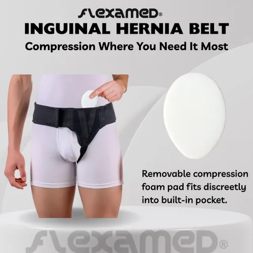Vista 7 de FlexaMed Hernia Gear - Cinturón doble para hernia inguinal, color negro (S 26-30)