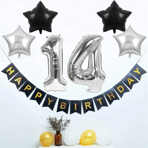 Vista 2 de Juego de decoraciones de fiesta de cumpleaños número 14 para niñas, niños, mujeres y hombres, pancarta de letras negras de feliz cumpleaños, globos