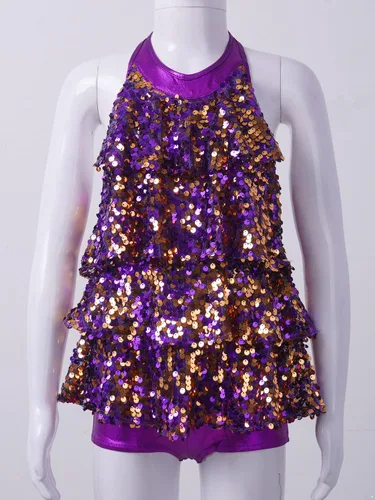 Vista 4 de Freebily Vestido de ballet con lentejuelas brillantes para niñas y niñas, cuello halter, falda de leotardo corto de jazz, hip hop, disfraz de danza
