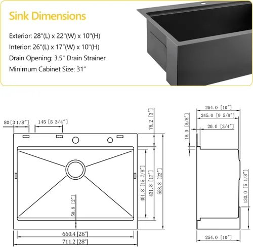 Vista 5 de Luckyhorse LH008SZ - Fregadero de cocina negro de 28 x 22 pulgadas con caída en la parte superior, estación de trabajo, fregadero de cocina