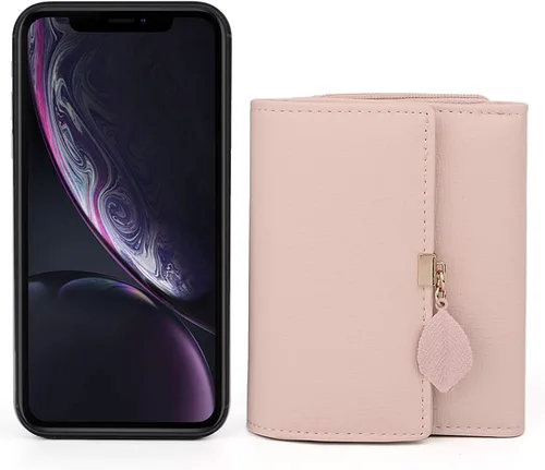 Vista 5 de UTO - Cartera pequeña RFID de piel sintética con dije de hoja, cierre de cremallera y tarjetero.