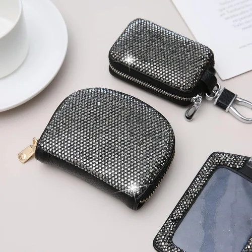 Vista 3 de AsAlways RFID Rhinestone titular de la tarjeta de crédito semicírculo multicapa cremallera caso Bling Crystal Slim pequeña cartera para mujeres