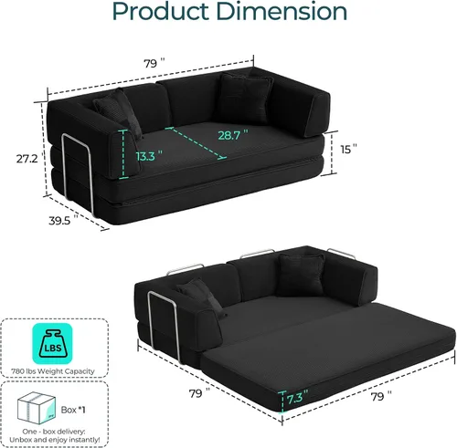 Vista 2 de LINSY Home Sofá cama convertible de 79 pulgadas, sofás de pana 4 en 1 sin hueso para sala de estar, futón plegable tamaño Queen, colchón de suelo