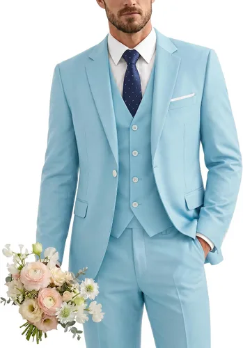 Vista 32 de Traje de 3 piezas para hombre con corbata, chaleco sólido de un botón y beige (529-beige)