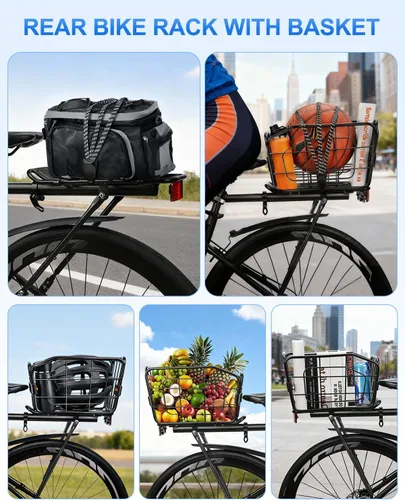 Vista 6 de Cesta trasera para bicicleta, estante de carga de aluminio para bicicleta, cesta de bicicleta de capacidad de 22 litros, plegable y extraíble