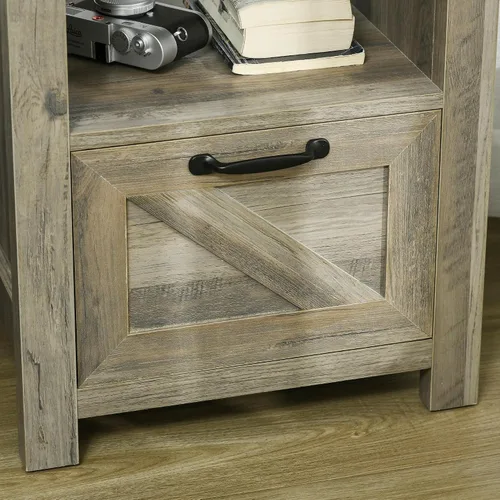 Vista 9 de HOMCOM Mesa auxiliar de granja, armario auxiliar rústico con almacenamiento, mesa auxiliar pequeña con cajón, mesa de efecto madera para sala