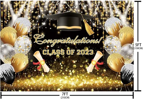 Vista 5 de AIBIIN Fondo de globo Bokeh con purpurina de 7 x 5 pies para la clase de 2023, color negro y dorado con purpurina Bokeh, felicitaciones por fiesta