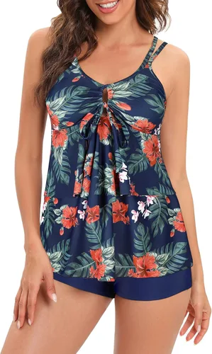 Vista 2 de Traje de baño tankini para mujer, con control de abdomen, floral, dos piezas, con pantalones cortos