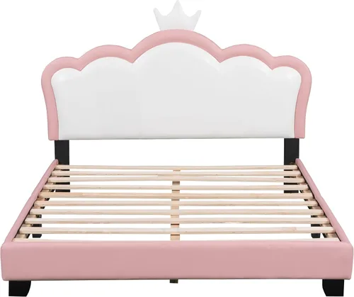 Vista 4 de Cama de princesa rosa con cabecera corona, cama de plataforma tamaño matrimonial, tapizada, no necesita somier