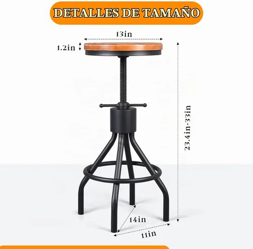 Vista 2 de Juego de 2 taburetes de bar industriales, taburete giratorio de altura ajustable con asiento de madera maciza, silla de bar con marco de hierro