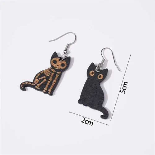Vista 3 de Aretes Kawaii de Halloween con diseño de gato negro para mujeres y niñas, ligeros, de madera, con diseño de gato negro, aretes colgantes hechos a