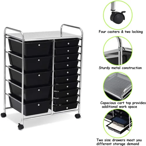Vista 10 de Carrito de almacenamiento rodante de 15 cajones, carrito de utilidad móvil con ruedas con candado, cajones, carrito organizador multiusos para Negro
