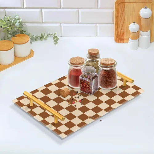 Vista 5 de Bandeja decorativa de barra a cuadros americanos naranja y blanco con asas bandeja para mesa de centro para joyería perfume para sofá sirviendo