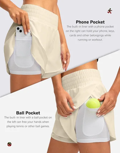 Vista 4 de Soothfeel Pantalones cortos de correr 2 en 1 para mujer, pantalones cortos deportivos de cintura alta, pantalones cortos de entrenamiento