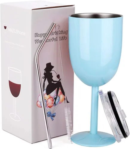 Vista 20 de AMZUShome Copas de vino de acero inoxidable. Vaso de vino de doble pared aislado al vacío con tapa y pajita. Amistad, Navidad, regalos de cumpleaños