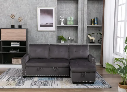 Vista 3 de Sofá cama modular reversible de 77 pulgadas, en forma de L, 2 asientos, con almacenamiento, tela de terciopelo con sensación de piel, color gris