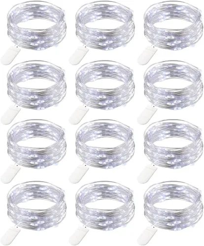 Vista 18 de Paquete de 12 luces de hadas con pilas, 7 pies, 20 luces LED, impermeables, alambre plateado, luces de Navidad para decoración al aire libre, mini
