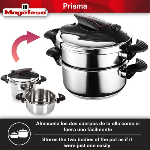 Vista 4 de MAGEFESA Prisma - Olla a presión, 4.2+6.3 cuartos de galón, acero inoxidable 18/10, fácil bloqueo, compatible con inducción, 5 sistemas