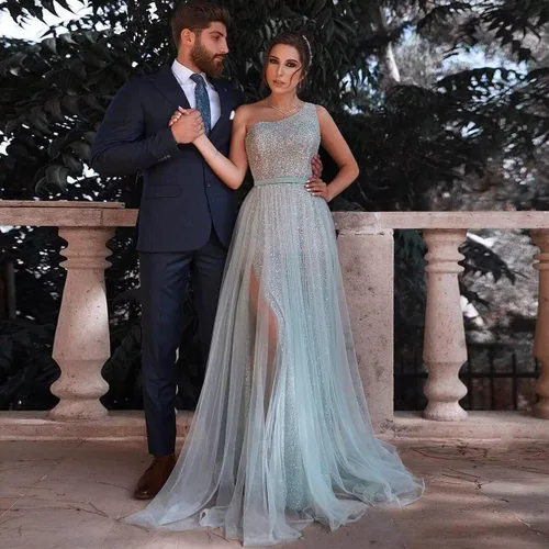 Vista 3 de Vestidos largos de lentejuelas de un hombro para mujer, vestido de noche formal con abertura alta de tul brillante 2024 con abertura