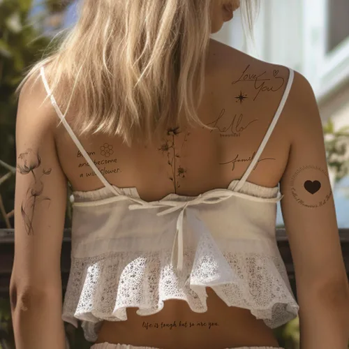 Vista 3 de Tatuajes temporales realistas – 60 hojas de tatuajes falsos pequeños, 30 piezas de tatuajes significativos con escrituras y palabras, 30 calcomanías
