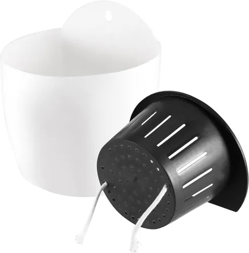 Vista 5 de MOUYAT 6 macetas colgantes de plástico con riego automático, macetas blancas de 7 pulgadas montadas en la pared con ganchos y cuerdas de algodón