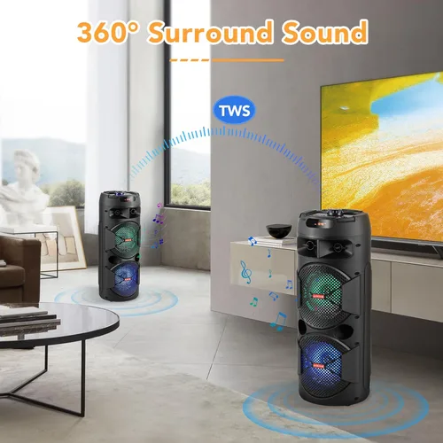 Vista 2 de TWS - Altavoces Bluetooth inalámbricos portátiles con subwoofer dual de 6.5 pulgadas, sistema de canto de altavoz PA para el hogar, fiesta, playa