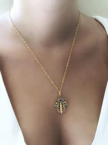 Vista 6 de Big Hamsa Hand Evil Eye Good Lariat Collar de 22 pulgadas