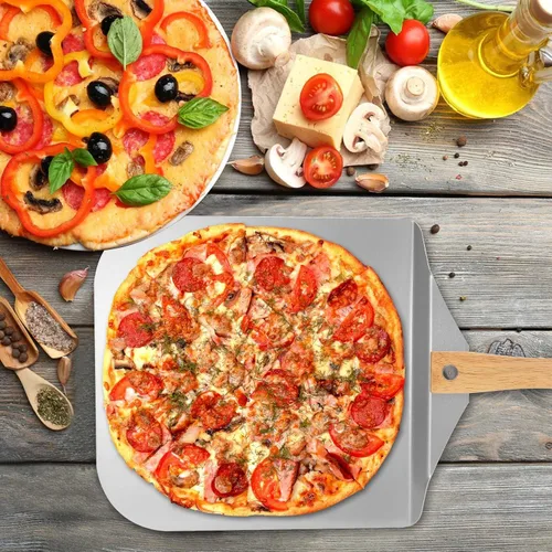 Vista 7 de Onlyfire Pala de pizza de aluminio con mango de madera, 12 x 14 pulgadas, paleta de pizza de metal antiadherente para hornear pasteles de pizza
