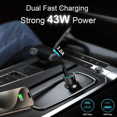 Vista 2 de Cargador de coche para iPhone 17 16 15, [Certificado MFi de Apple] Cargador de coche USB C de 43W de carga rápida con cable tipo C a C de 1 metro