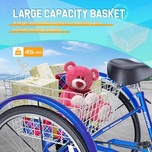 Vista 3 de 24/26 Inch Adult Tricycle, 3 Wheel Bikes with Large Basket, Cruiser Bike for Women/Men/Seniors, Adult Trike for Outdoor/Shopping/Recreation/Picnic