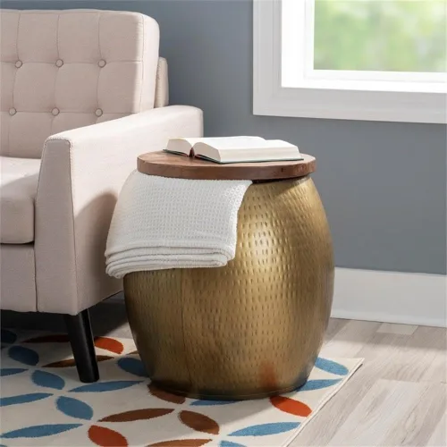 Vista 7 de Home Square Mesa auxiliar de metal y madera con almacenamiento en oro - Juego de 2