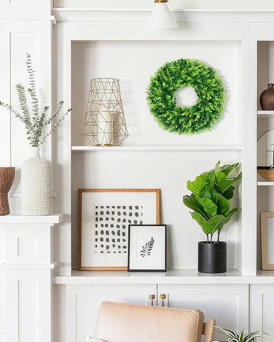 Vista 7 de DDHS Corona de boj de 18 pulgadas para puerta principal – Corona artificial verde de casa de campo, decoración DIY para primavera, verano, otoño e