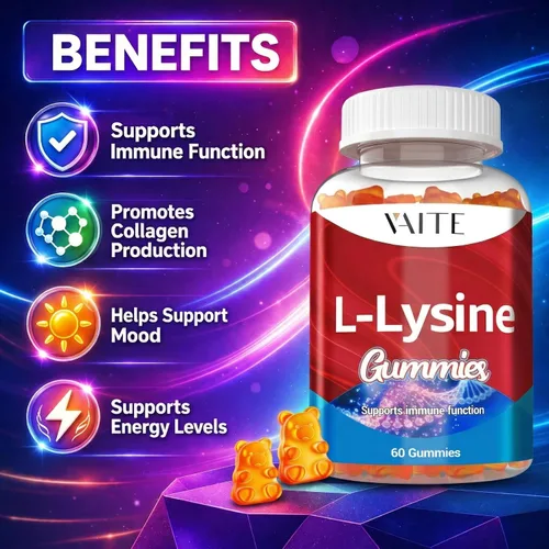 Vista 2 de Gomitas L-Lisina de 1000 mg – Apoya la piel, los labios, veganas, sin gluten, 60 lisina masticables para adultos, vitaminas de los tejidos