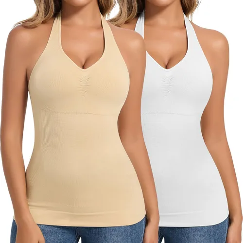 Vista 10 de JOYSHAPER Camisola moldeadora con brasier integrado de compresión halter para mujer, control de abdomen, brasier acolchado Halter Neck & V Neck #5