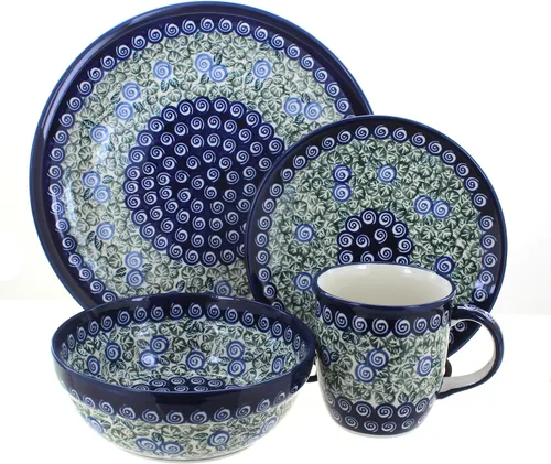 Vista 7 de Cerámica polaca de rosas azules, juego de vajilla de 16 piezas con diseño de mariposa floral roja, 4 lugares, ideal para cenas diarias, comidas