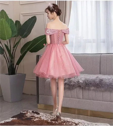 Vista 4 de Dydsz Vestido corto de tul con apliques de hombro descubierto para mujer, vestido de fiesta de graduación para adolescentes y jóvenes